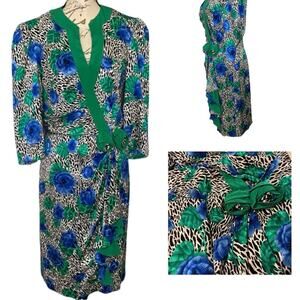 Vintage 80s Sylvia Michel Paris Silk Floral Leopard Print Faux Wrap Party Dress